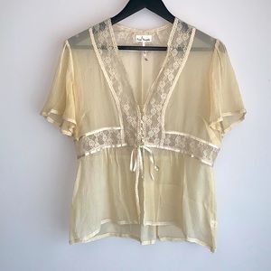 💛 Free People Medium See-Through Yellow/Gold/Cream Lace Top with Ribbon Tie 💛